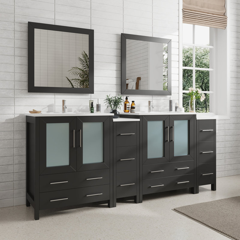 Wade Logan® Karson 84'' Double Bathroom Vanity with Ceramic Top with Mirror & Reviews Wayfair